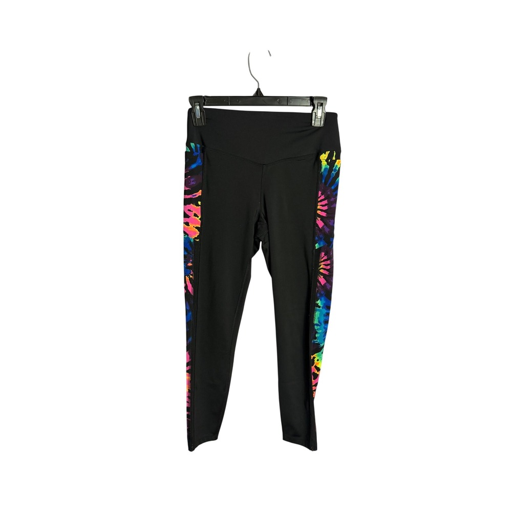 PINK Active Leggings Medium Black Rainbow Tie Dye High Waist Side Pockets‎ 7/8